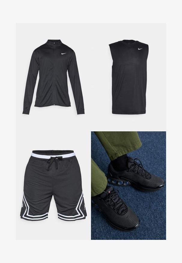Must värvi sportlik jakk pikkade varrukatega, krae ja täispikk tõmblukk. Ülemises vasakus rinnas on diskreetne valge Nike logo. Sile tekstuur.; Mustamugav sportlike õhuke särk, millel on ümmargune kaelus ja väike valge Nike swooshi logo vasakul ülanurgas.; Mustad mustikud lühikesed püksid, mis on valmistatud kergetest materjalidest. Omavad valget vööd, nööridet ja valgeid nurkadega triibusid külgedel.; Mustad musta jooksujalatseid võrkkangast pealmise, tekstuurse pinna ja nähtavate õhukotikesega. Sobitatud oliiviroheliste pükstega ja mustade sokkidega.