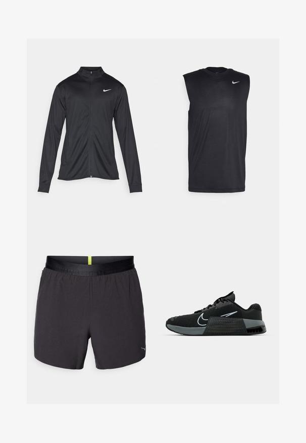 Chaqueta atlética negra con mangas largas, collar y cremallera completa. Presenta un sutil logo de Nike en blanco en la parte superior izquierda del pecho. Textura suave.; Camiseta atlética negra sin mangas, hecha de una tela suave, con cuello redondo y un pequeño logo Swoosh de Nike en blanco en la parte superior izquierda.; Pantalones cortos deportivos negros con una textura suave, una cinturilla elástica con un acento amarillo y un pequeño logo en la parte inferior derecha.; Zapatilla deportiva negra con parte superior de malla, acentos grises y plantilla texturizada. Presenta un logotipo prominente y diseño con cordones. Suela de goma para tracción.