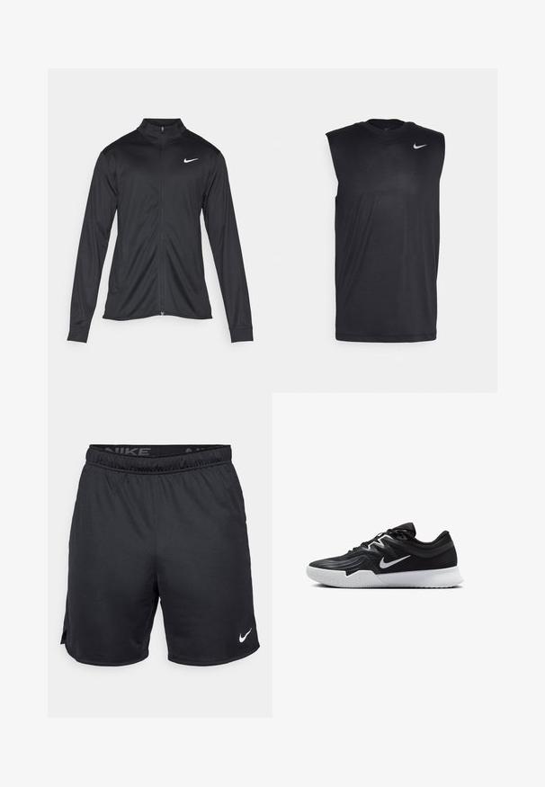 Czarna sportowa kurtka z długimi rękawami, kołnierzem i pełnym zamkiem. Posiada subtelne logo Nike w białym kolorze na lewej górnej części klatki piersiowej. Gładka tekstura.; Czarna bezrękawnikowa koszulka sportowa wykonana z gładkiego materiału, z okrągłym dekoltem i małym białym logo Nike w kształcie smoka na górnej lewej stronie.; Czarne szorty Nike z elastycznym pasem, bocznymi rozcięciami i białym logo Nike na dolnym brzegu. Wykonane z lekkiej, teksturowanej tkaniny.; Czarne buty sportowe z teksturowaną cholewką, białym logo Nike i białą gumową podeszwą. Charakteryzują się sznurowanym zapięciem i dynamicznym kształtem.