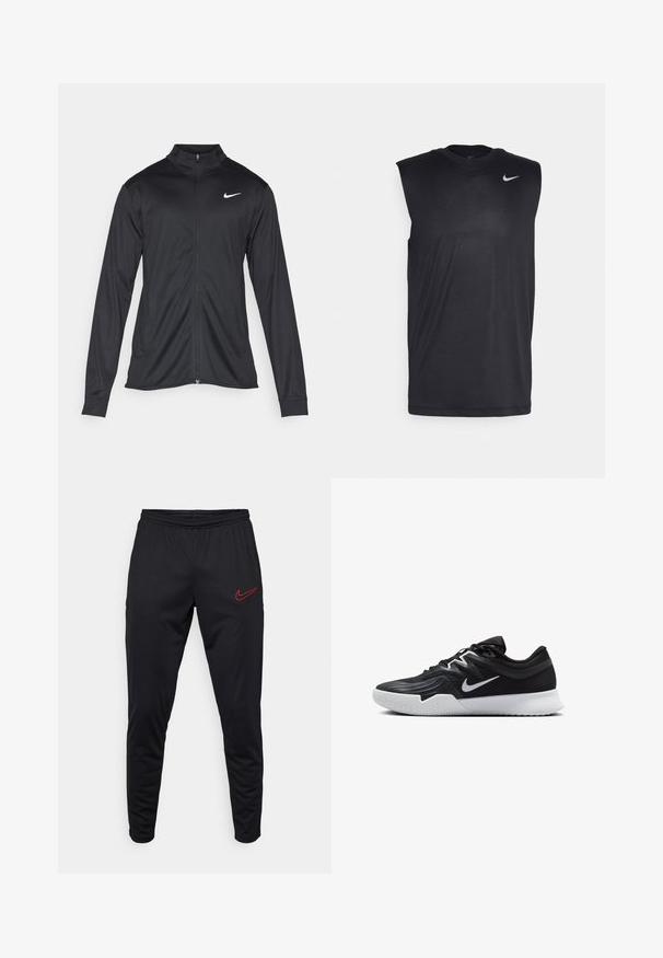 Black athletic jacket with long sleeves, collar, and full zipper. Features a subtle Nike logo in white on the upper left chest. Smooth texture.; Black sleeveless athletic shirt made of smooth fabric, featuring a round neck and a small white Nike swoosh logo on the upper left side.; Black athletic pants with a tapered fit, elastic waistband, and red Nike logo on the left thigh. Smooth texture with side pockets.; Black athletic shoe with a textured upper, white Nike swoosh, and a white rubber outsole. Features a lace-up design and dynamic shape.