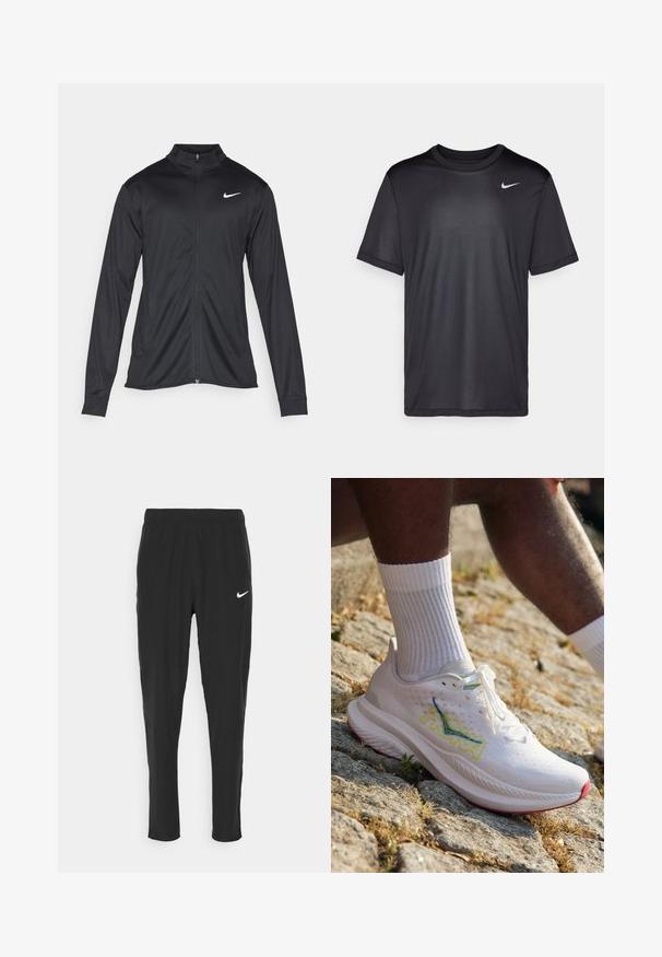 Chaqueta atlética negra con mangas largas, collar y cremallera completa. Presenta un sutil logo de Nike en blanco en la parte superior izquierda del pecho. Textura suave.; Camiseta deportiva negra de manga corta, con cuello redondo, hecha de una tela suave. Presenta un pequeño logo blanco de Nike en la parte superior izquierda.; Pantalones deportivos negros hechos de una tela liviana, con una cintura elástica y un logo de Nike en blanco en el muslo izquierdo.; HOKA MACH 6 - Zapatillas running asfalto - white/nimbus cloud