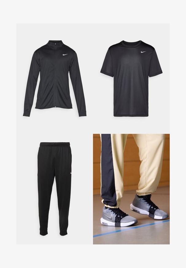 Jacket desportivo preto com mangas longas, colarinho e fecho zip completo. Apresenta um discreto logotipo da Nike em branco na parte superior do lado esquerdo do peito. Textura suave.; Camisola atlética preta de mangas curtas, gola redonda, feita de um tecido liso. Apresenta um pequeno logo branco da Nike na parte superior esquerda.; Calças de desporto pretas feitas de tecido suave, com uma cintura elástica, pernas ajustadas e um pequeno logo branco no lado esquerdo.; Ténis desportivos cinzentos e pretos com materiais em malha e têxtil, apresentando uma sola branca e um design com cordões, usados com calças amarelas e pretas.