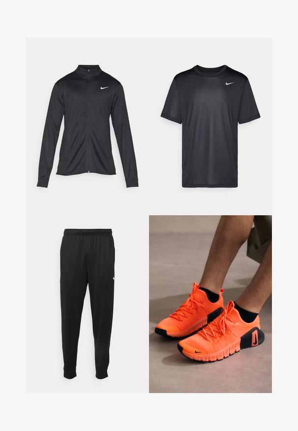 Fekete sportdzseki hosszú ujjal, gallérral és teljes cipzárral. Diszkrét fehér Nike logóval az upper bal mellen. Sima textúra.; Fekete sportpóló rövid ujjakkal, kerek nyakkal, sima anyagból készült. Az elülső bal felső részen egy kis fehér Nike logó található.; Fekete sportos nadrág sima anyagból, rugalmas derékkal, szűkülő lábakkal és egy kis fehér logóval a bal oldalon.; Narancssárga sportcipők texturált felsőrésszel, fekete gumitalppal és fűzős kivitelben. Az oldalon Nike logó található, és egy aerodinamikus dizájnnal rendelkezik.