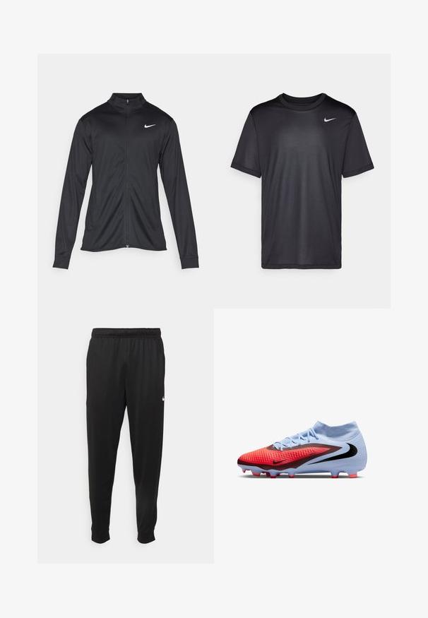 Melna sporta jaka ar garām piedurknēm, apkakli un pilnu rāvējslēdzēju. Uz kreisā krūts augšdaļas ir maigs Nike logo baltā krāsā. Gluda tekstūra.; Melna sporta t-krekls ar īsām piedurknēm, apaļu kakla izgriezumu, izgatavots no gludas auduma. Uz kreisās puses augšējā daļā ir neliels balts Nike logotips.; Melnas sporta bikses, kas izgatavotas no gludas auduma, ar elastīgu jostu, sašaurinošām kājām un mazu balto logo kreisajā pusē.; Gaiši zilas un sarkanas Nike futbola kurpes ar melnu swoosh, teksturētu virsu, zeķveida potītes apkakli un sarkaniem galiem veidotiem spikeņiem.