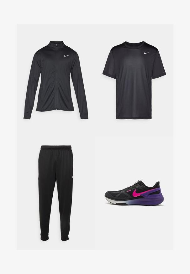 Črna atletska jakna z dolgimi rokavi, ovratnikom in polnim zadrgo. Vključuje diskreten bel Nike logotip na zgornjem levem delu prsnega koša. Gladka tekstura.; Črna športna majica s kratkimi rokavi, okroglim izrezom, narejena iz gladkega materiala. Ima majhen bel Nike logo na zgornji levi strani.; Črne športne hlače iz gladkega materiala, z elastičnim pasom, zoženimi hlačnicami in majhnim belim logotipom na levi strani.; Črne športne čevlje z teksturirano mrežasto zgornjimi deli, roza Nike znak, vijolični detajli na peti in sivi gumijasti podplat.