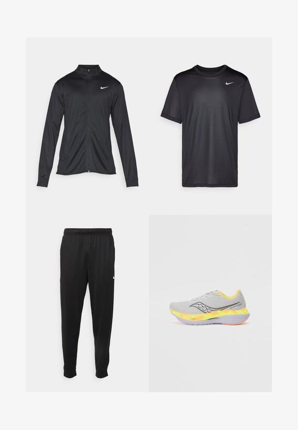 Giacca sportiva nera con maniche lunghe, colletto e zip completa. Presenta un logo Nike in bianco sulla parte superiore del lato sinistro del petto. Tessuto morbido.; Maglietta atletica nera a maniche corte, con collo rotondo, realizzata in tessuto liscio. Presenta un piccolo logo Nike bianco sulla parte superiore sinistra.; Pantaloni sportivi neri realizzati in tessuto liscio, con una vita elastica, gambe affusolate e un piccolo logo bianco sul lato sinistro.; Scarpa da corsa grigio chiaro con tomaia in rete, logo nero e intersuola con gradiente colorato giallo e arancione. Suola in gomma per una buona trazione.