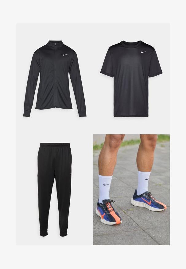 Černá sportovní bunda s dlouhými rukávy, límcem a plným zipem. Má decentní bílou logo značky Nike na horní levé části hrudi. Hladká textura.; Černé sportovní tričko s krátkým rukávem, kulatým výstřihem, vyrobené z hladkého materiálu. Vyznačuje se malým bílým logem Nike na levém horním kusu.; Černé sportovní kalhoty vyrobené z hladké tkaniny, s elastickým pasem, zúženými nohavicemi a malým bílým logem na levé straně.; Běžecké boty Nike v námořnické modři s oranžovými akcenty. Síťovina na svršku pro prodyšnost, silná bílá podrážka a černé tkaničky. Nosené s bílými ponožkami.