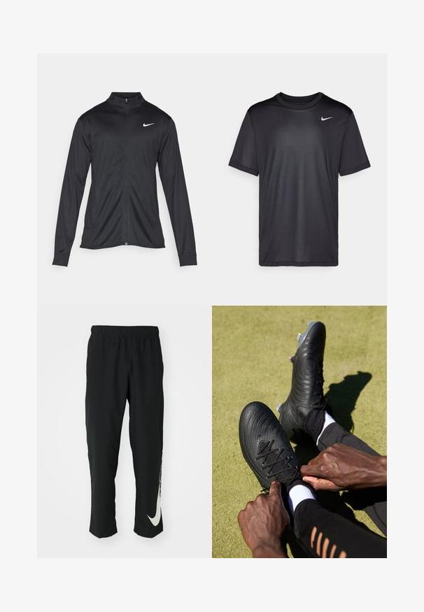 Zwarte sportjack met lange mouwen, kraag en volle rits. Voorzien van een subtiele Nike-logo in het wit op de bovenste linkerborst. Soepele textuur.; Zwart sport T-shirt met korte mouwen, ronde hals, gemaakt van een gladde stof. Bevat een klein wit Nike-logo op de bovenste linkerzijde.; Zwarte sportbroeken met elastische tailleband, taps toelopend ontwerp, met een groot wit Nike-logo op het linkerbeen. Zachte, lichte stof.; Zwarte voetbalschoenen met een gestructureerde bovenkant en zwarte veters, aangetrokken door handen. Tegen een groene ondergrond geplaatst, met zwarte sportkleding en witte sokken.