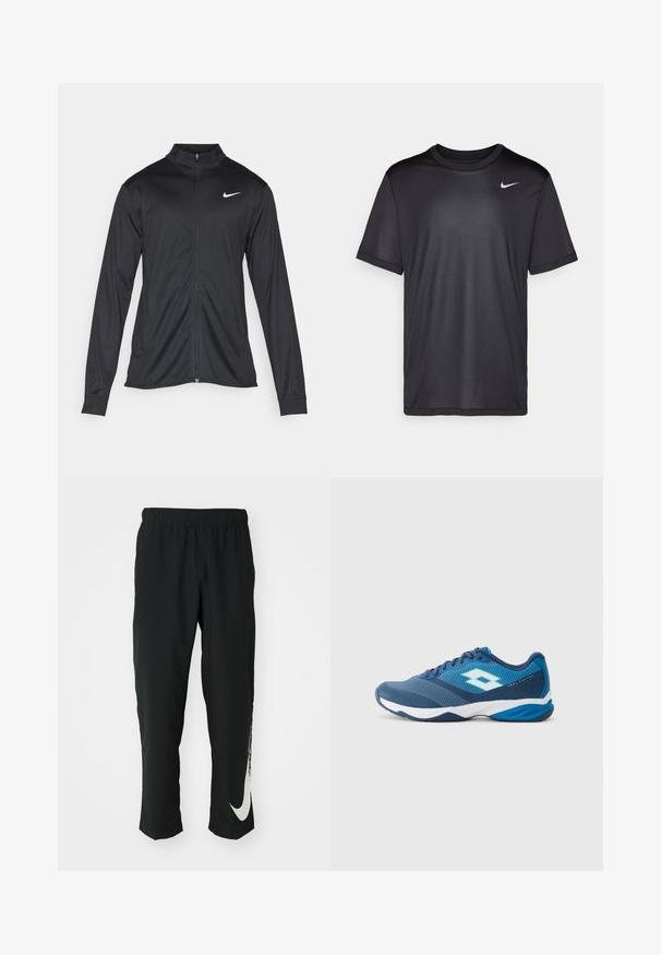 Černá sportovní bunda s dlouhými rukávy, límcem a plným zipem. Má decentní bílou logo značky Nike na horní levé části hrudi. Hladká textura.; Černé sportovní tričko s krátkým rukávem, kulatým výstřihem, vyrobené z hladkého materiálu. Vyznačuje se malým bílým logem Nike na levém horním kusu.; Černé sportovní kalhoty s elastickým páskem, zúženým střihem, se velkým bílým logem Nike na levé nohavici. Měkká, lehká tkanina.; Modrá a námořnická sportovní bota s bílou podrážkou a logem, síťový svršek, tkaničky a polstrovaná pata označená "Heel Control" na bílém pozadí.