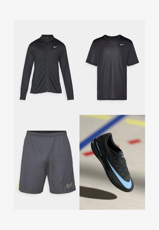 Zwarte sportjack met lange mouwen, kraag en volle rits. Voorzien van een subtiele Nike-logo in het wit op de bovenste linkerborst. Soepele textuur.; Zwart sport T-shirt met korte mouwen, ronde hals, gemaakt van een gladde stof. Bevat een klein wit Nike-logo op de bovenste linkerzijde.; Nike Performance SHORT - Korte broeken - anthracite/volt; Zwarte sportschoen met blauwe accenten, gestructureerd oppervlak, vetersluiting en herkenbaar Nike-logo. Rubberen zool met grippatronen.