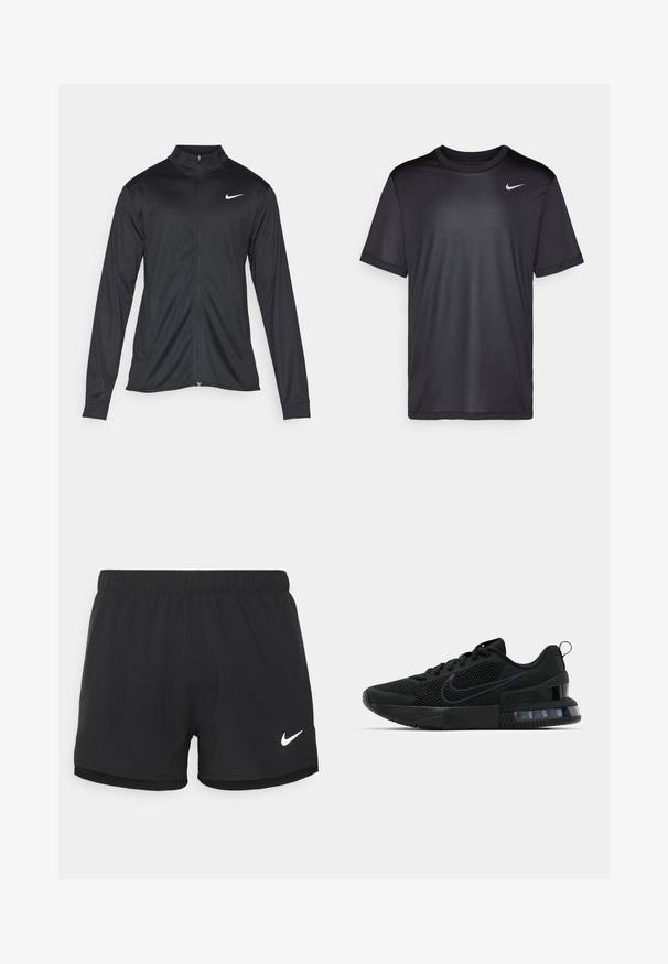 Crna sportska jakna s dugim rukavima, ovratnikom i punim patentnim zatvaračem. Ima suptilan Nike logo u bijeloj boji na gornjem lijevom dijelu prsne oznake. Glatka tekstura.; Crna atletska majica kratkih rukava, okruglog izreza, napravljena od glatkog materijala. Ima mali bijeli Nike logo na gornjem lijevom dijelu.; Crne atletske kratke hlače od lagane tkanine. Imaju elastičnu gumicu u struku i perforirane detalje. Sadrže bijeli Nike logo sa strane.; Crne Nike sportske tenisice s mrežastim gornjim dijelom, gumenim potplatom, podstavljenim ovratnikom i istaknutim prozirnim akcentom na peti.