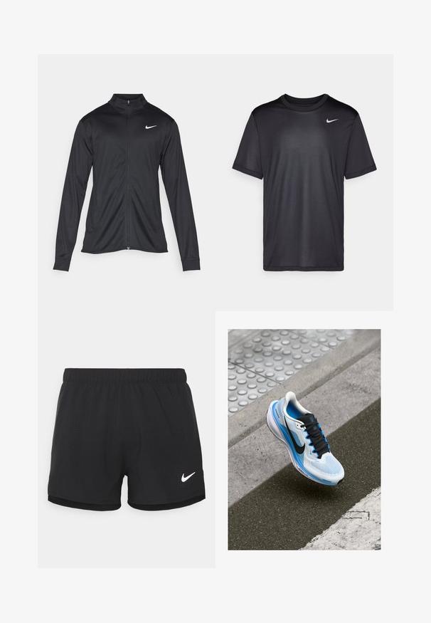 Must värvi sportlik jakk pikkade varrukatega, krae ja täispikk tõmblukk. Ülemises vasakus rinnas on diskreetne valge Nike logo. Sile tekstuur.; Must musta T-särk lühikeste varrukatega, ümmarguse kaelusega, valmistatud siledast kangast. Esipoolt kaunistab väike valge Nike logo vasakul ülaservas.; Mustad mustadest sportlikest lühikestest pükstest, mis on valmistatud kerge kangaga. Omab elastset vöökohta ja perforeeritud detaile. Küljel on valge Nike logo.; Valge ja sinine jooksujalats mustade paeltega ning Nike sütitusega, hõljuv asfaldil ja kõnniteel.