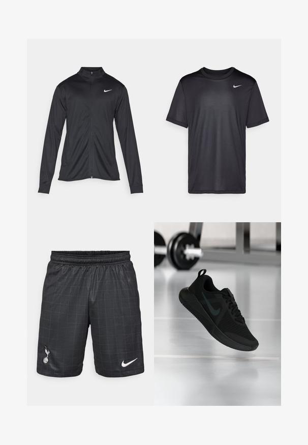 Crna sportska jakna s dugim rukavima, ovratnikom i punim patentnim zatvaračem. Ima suptilan Nike logo u bijeloj boji na gornjem lijevom dijelu prsne oznake. Glatka tekstura.; Crna atletska majica kratkih rukava, okruglog izreza, napravljena od glatkog materijala. Ima mali bijeli Nike logo na gornjem lijevom dijelu.; Crne atletske kratke hlače s uzorkom mreže, elastičnom strukom, s bijelim logotipom Nike i crnim logotipom Spurs na donjem lijevom dijelu.; Crna sportska cipela s teksturiranim mrežastim gornjim dijelom, gumenim potplatom i istaknutim tamnim logotipom swoosh. Ima podstavljen ovratnik i dizajn s vezicama.