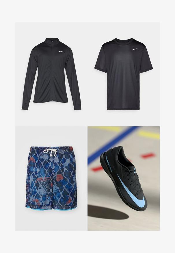Juodas sportinis švarkas su ilgomis rankovėmis, apykakle ir pilnu užtrauktuku. Yra subtilus baltas Nike logotipas kairėje krūtinės pusėje. Lygus tekstūra.; Juodas sportinis marškinėliai su trumpomis rankovėmis, apvaliu kaklu, pagaminti iš lygaus audinio. Ant viršutinio kairiojo kampo yra mažas baltas Nike logotipas.; Nike Performance SHORT - Sportiniai šortai - astronomy blue/baltic blue/white; Juodas sportinis batelis su mėlynomis detalėmis, tekstūruota paviršius, raišteliais užsegamas dizainas ir išskirtinis Nike logotipas. Guminis padas su sukibimo raštais.