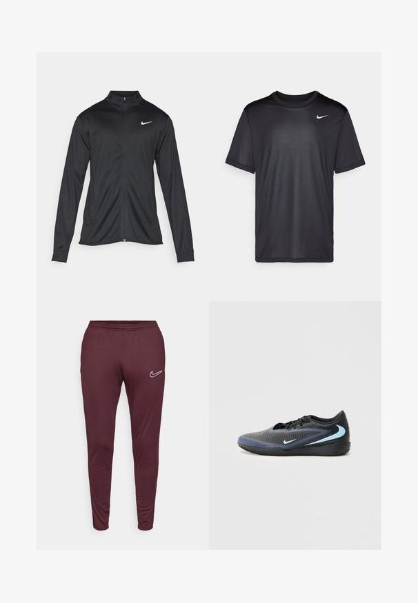 Čierna športová bunda s dlhými rukávmi, golierom a plným zipsom. Obsahuje nenápadné logo Nike v bielej farbe na hornej ľavej hrudi. Hladká textúra.; Čierne športové tričko s krátkym rukávom, okrúhlym výstrihom, vyrobené z hladkej tkaniny. Obsahuje malé biele logo Nike na hornej ľavej strane.; Nike Performance DRI-FIT ACADEMY PANT - Tepláky - burgundy crush/white; Čierne a modré nízke športové tenisky s textúrovaným povrchom, čiernymi šnúrkami a svetlomodrými logami Nike swoosh na boku a podrážke.