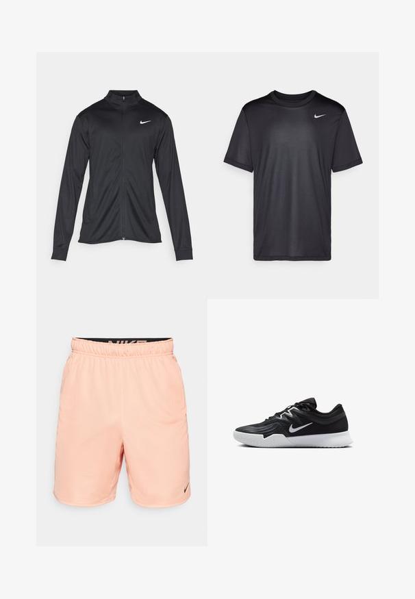 Zwarte sportjack met lange mouwen, kraag en volle rits. Voorzien van een subtiele Nike-logo in het wit op de bovenste linkerborst. Soepele textuur.; Zwart sport T-shirt met korte mouwen, ronde hals, gemaakt van een gladde stof. Bevat een klein wit Nike-logo op de bovenste linkerzijde.; Nike Performance TOTALITY - Korte broeken - apricot agate/black; Zwarte sportieve schoen met een gestructureerde bovenkant, witte Nike swoosh en een witte rubberen zool. Beschikt over een veterontwerp en een dynamische vorm.