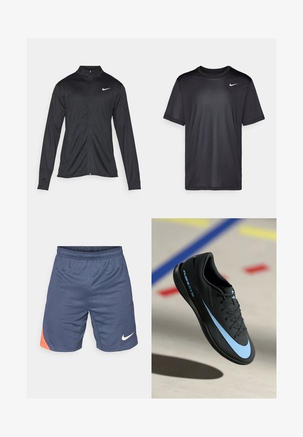 Must värvi sportlik jakk pikkade varrukatega, krae ja täispikk tõmblukk. Ülemises vasakus rinnas on diskreetne valge Nike logo. Sile tekstuur.; Must musta T-särk lühikeste varrukatega, ümmarguse kaelusega, valmistatud siledast kangast. Esipoolt kaunistab väike valge Nike logo vasakul ülaservas.; Tumed sinise värviga sportlikud lühikesed püksid, millel on oranž aktsent vasakul küljel. Valmistatud kergetest kangast, elastsest vöökoht ja valge logo.; Mustad mustus spordijalats siniste detailidega, tekstureeritud pind, lipsudega disain ja eristuv Nike logo. Kummist talla, millel on haardemustrid.