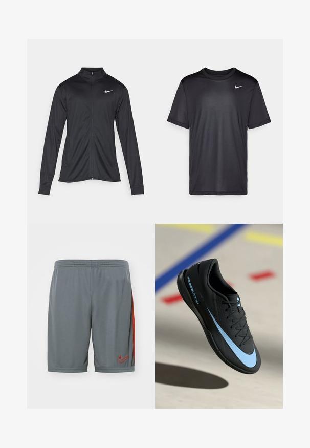 Fekete sportdzseki hosszú ujjal, gallérral és teljes cipzárral. Diszkrét fehér Nike logóval az upper bal mellen. Sima textúra.; Fekete sportpóló rövid ujjakkal, kerek nyakkal, sima anyagból készült. Az elülső bal felső részen egy kis fehér Nike logó található.; Nike Performance SHORT - Sport rövidnadrágok - iron grey/dragon red; Fekete sportcipő kék akcentusokkal, textúrált felülettel, fűzős kialakítással és jellegzetes Nike logóval. Gumitalp, amely grip mintázattal rendelkezik.