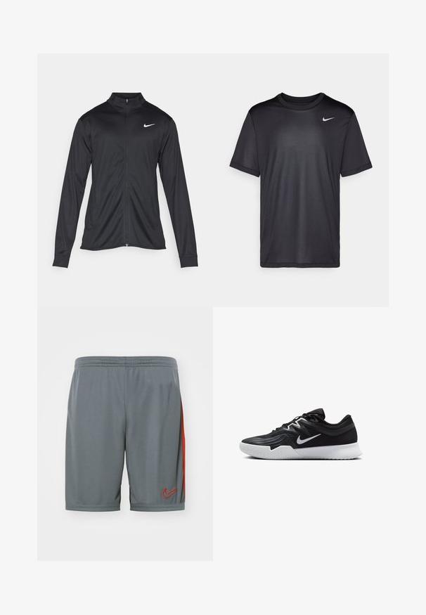 Svart idrettsjakke med lange ermer, krage og full glidelås. Har en subtil Nike-logo i hvitt på øvre venstre bryst. Glatt tekstur.; Svart idretts-t-skjorte med korte ermer, rund hals, laget av glatt stoff. Har en liten hvit Nike-logo øverst til venstre.; Nike Performance SHORT - Sports shorts - iron grey/dragon red; Svart treningssko med teksturert overdel, hvit Nike-swoosh og hvit gummisåle. Har snøring og en dynamisk form.