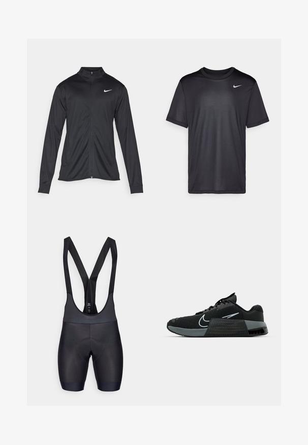 Juodas sportinis švarkas su ilgomis rankovėmis, apykakle ir pilnu užtrauktuku. Yra subtilus baltas Nike logotipas kairėje krūtinės pusėje. Lygus tekstūra.; Juodas sportinis marškinėliai su trumpomis rankovėmis, apvaliu kaklu, pagaminti iš lygaus audinio. Ant viršutinio kairiojo kampo yra mažas baltas Nike logotipas.; Juodos dviratininkų šortai su tekstūruota medžiaga, paminkštinta chamois dalimi komfortui ir reguliuojamomis petnešomis. Lygus paviršių ir prigludusi dizainas.; Juodas sportinis batas su tinklo viršumi, pilkais akcentais ir tekstūruotu viduriniu padais. Yra išsiskiriantis logotipas ir batraiščių dizainas. Guma padais užtikrina sukibimą.