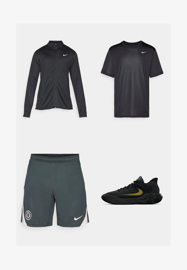 Must värvi sportlik jakk pikkade varrukatega, krae ja täispikk tõmblukk. Ülemises vasakus rinnas on diskreetne valge Nike logo. Sile tekstuur.; Must musta T-särk lühikeste varrukatega, ümmarguse kaelusega, valmistatud siledast kangast. Esipoolt kaunistab väike valge Nike logo vasakul ülaservas.; Tumed hallid spordilühikesed püksid valge Nike logo ja Chelsea jalgpalliklubi embleemiga, millel on valged külgpaneelid.; Mustmust värvi ja tumeda halli sportlik king, millel on mustad paelad ja kuldne swooshi logo, ning laineline tald ja pehmendatud kand.