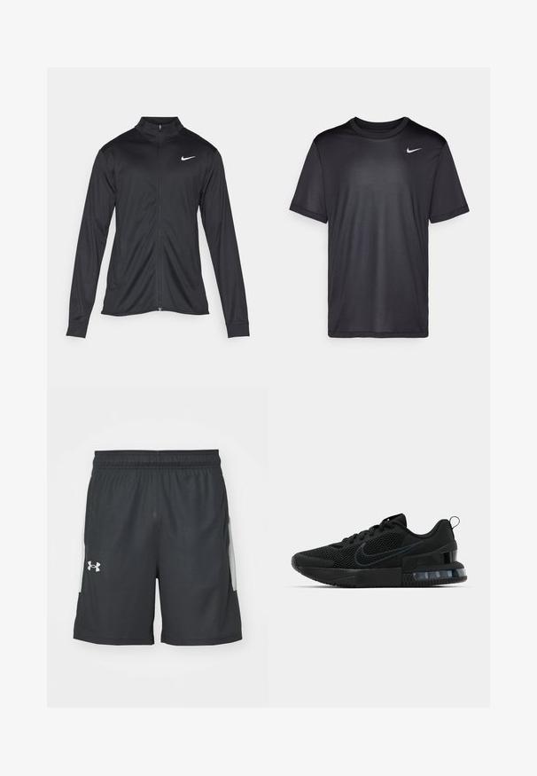 Musta urheilutakki pitkillä hihoilla, kauluksella ja kokonaisella vetoketjulla. Täydentää hienovarainen Nike-logo valkoisena vasemmassa ylärinnassa. Litteä pinta.; Musta urheilut-paita lyhyillä hihoilla, pyöreällä kauluksella, valmistettu sileästä kankaasta. Täydentää pieni valkoinen Nike-logo vasemmassa yläkulmassa.; Mustat urheilushortsit, jotka on valmistettu kevyestä materiaalista. Shortsien vyötäröllä on joustava vyö, ja niissä on kaksi sivutaskua, joissa on harmaat yksityiskohdat. Under Armour -logo on näkyvillä.; Musta Nike urheilukenkä, jossa on verkkomateriaali yläosa, kumipohja, pehmustettu nilkkaosa ja erottuva läpinäkyvä kantaaksentti.