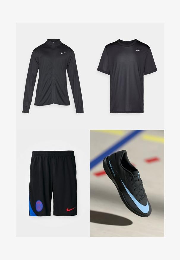 Schwarze Sportjacke mit langen Ärmeln, Kragen und voller Reißverschluss. Verfügt über ein dezentes Nike-Logo in Weiß auf der oberen linken Brust. Glatte Textur.; Schwarzes Sport-T-Shirt mit kurzen Ärmeln, Rundhals, aus glattem Stoff. Besitzt ein kleines weißes Nike-Logo auf der oberen linken Seite.; Schwarze Sportshorts aus leichtem Material mit einem elastischen Bund. Mit blauen Seitenpaneelen und rotem Nike-Logo. Emblem von Paris enthalten.; Schwarzer Sportschuh mit blauen Akzenten, strukturierter Oberfläche, Schnürdesign und markantem Nike-Logo. Gummisohle mit Grip-Mustern.