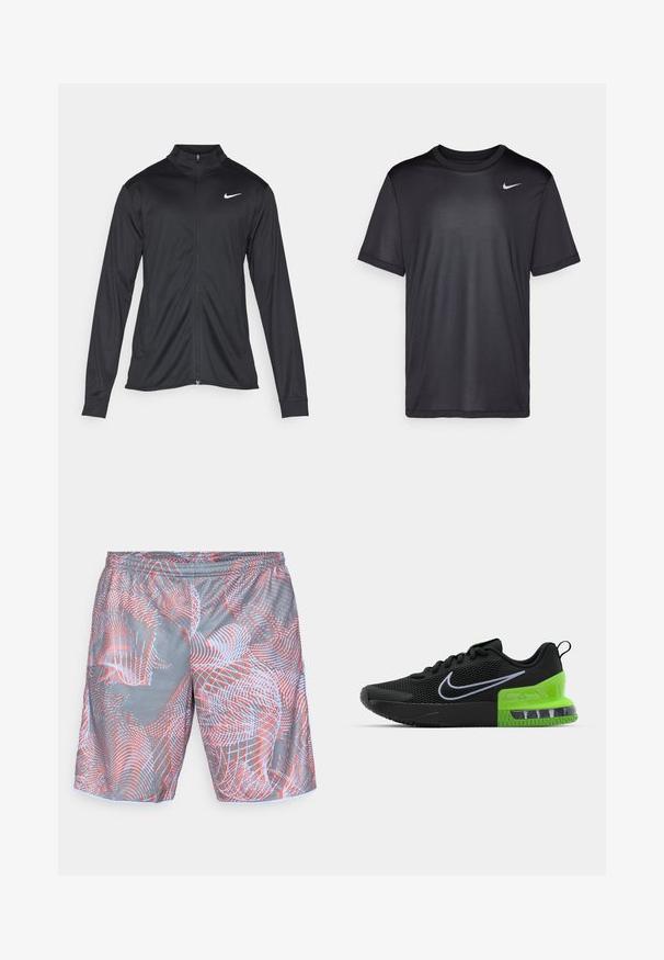 Schwarze Sportjacke mit langen Ärmeln, Kragen und voller Reißverschluss. Verfügt über ein dezentes Nike-Logo in Weiß auf der oberen linken Brust. Glatte Textur.; Schwarzes Sport-T-Shirt mit kurzen Ärmeln, Rundhals, aus glattem Stoff. Besitzt ein kleines weißes Nike-Logo auf der oberen linken Seite.; Graue Sportshorts mit einem elastischen Bund, die ein abstraktes Muster aus roten und hellblauen geschwungenen Linien und Punkten aufweisen.; Schwarzer Sportschuh mit Mesh-Obermaterial, ausgestattet mit einer grünen und schwarzen Sohle mit Luftdämpfung und einem weißen Nike-Swoosh-Logo.