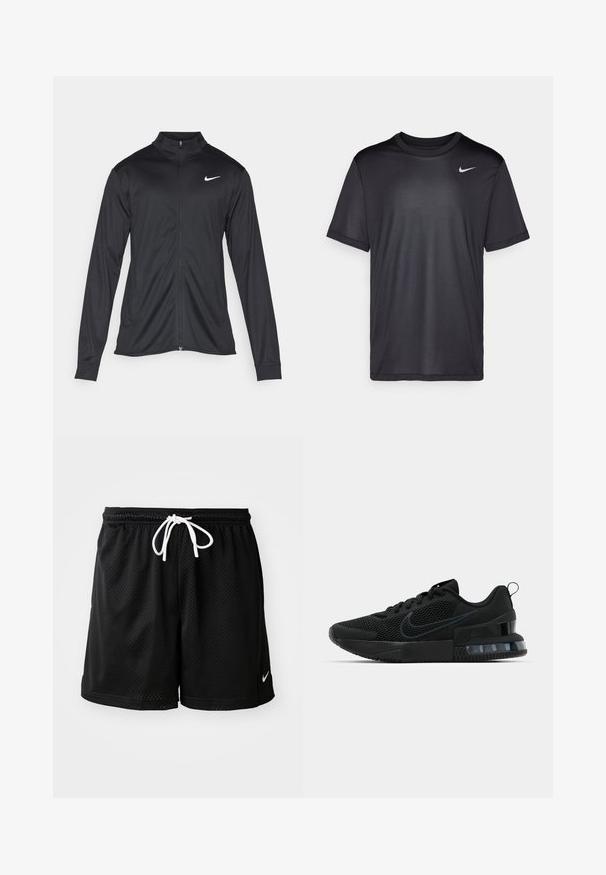 Jachetă sportivă neagră cu mâneci lungi, guler și fermoar complet. Prezintă un logo Nike subtil, alb, pe pieptul din stânga sus. Textură netedă.; Tricou sportiv negru cu mâneci scurte, guler rotund, confecționat dintr-un material neted. Prezintă un mic logo alb Nike în colțul din stânga sus.; Şorturi atletice din plasă negre, cu un șnur alb, având un mic logo alb Nike în colțul din dreapta jos.; Pantofii atletici negri Nike au un superior din plasă, talpă din cauciuc, guler căptușit și un accent distinct transparent în călcâi.