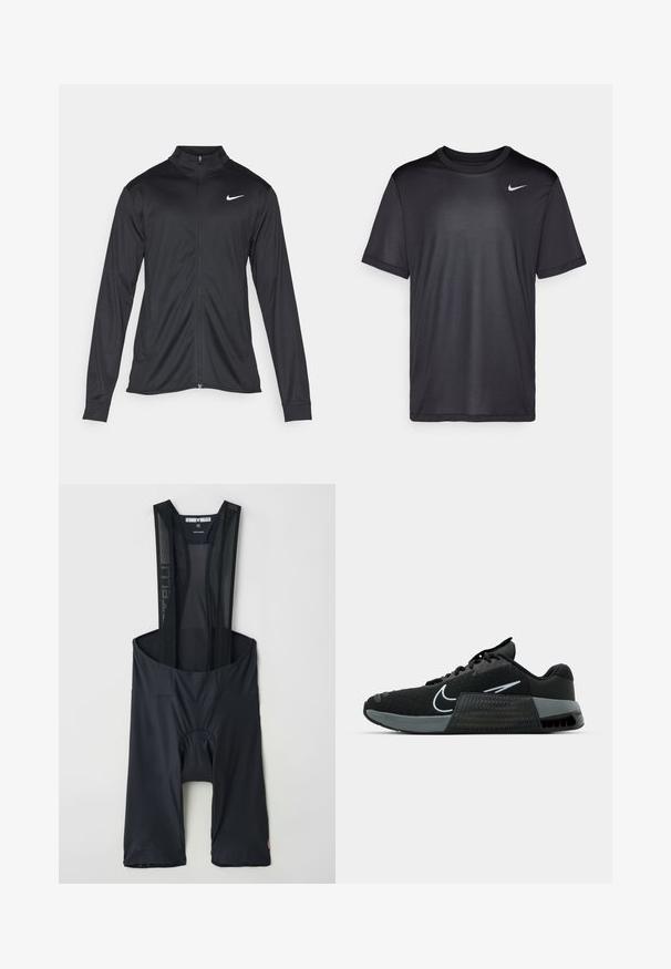 Čierna športová bunda s dlhými rukávmi, golierom a plným zipsom. Obsahuje nenápadné logo Nike v bielej farbe na hornej ľavej hrudi. Hladká textúra.; Čierne športové tričko s krátkym rukávom, okrúhlym výstrihom, vyrobené z hladkej tkaniny. Obsahuje malé biele logo Nike na hornej ľavej strane.; Čierne cyklistické nohavice s trakovými popruhmi, elastický materiál, vypolstrovaná zelená časť a detail loga pri leme. Ľahký a priliehavý dizajn.; Čierna atletická obuv s plastovou sieťou, šedými akcentmi a textúrovanou medzipodrážkou. Obsahuje výrazné logo a šnurovací dizajn. Gumová podrážka pre lepšiu trakciu.