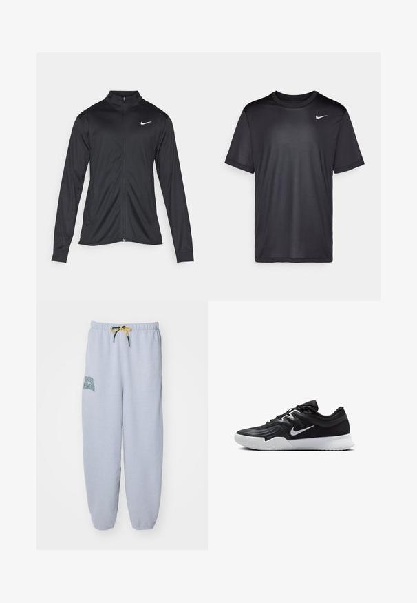 Crna sportska jakna s dugim rukavima, ovratnikom i punim patentnim zatvaračem. Ima suptilan Nike logo u bijeloj boji na gornjem lijevom dijelu prsne oznake. Glatka tekstura.; Crna atletska majica kratkih rukava, okruglog izreza, napravljena od glatkog materijala. Ima mali bijeli Nike logo na gornjem lijevom dijelu.; Svijetlosive trenirke od mješavine pamuka. Imaju elastični pojas s žutim vezicom, bočne džepove i "Under Armour" logotip u zelenoj boji.; Crna sportska cipela s teksturiranim gornjim dijelom, bijelim Nike swooshom i bijelim gumennim potplatom. Ima dizajn s vezanjem i dinamičan oblik.