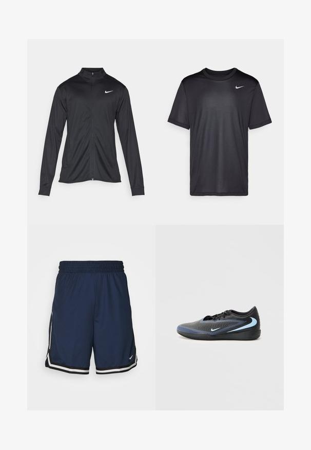 Svart idrottsjacka med långa ärmar, krage och full dragkedja. Har en diskret Nike-logga i vitt på övre vänstra bröstet. Slät yta.; Svart träningströja med korta ärmar, rund hals, tillverkad av ett slätt tyg. Har en liten vit Nike-logga på övre vänstra sidan.; Korta marinblå träningsshorts med elastisk midja, med vita sidodekorationer och en svart och vit randig fåll. Tillverkade av andningsbart material.; Svart och blå lågklippt atletisk sko med texturerad yta, svarta snören och ljusblå Nike-swoosh-loggor på sidan och sulan.