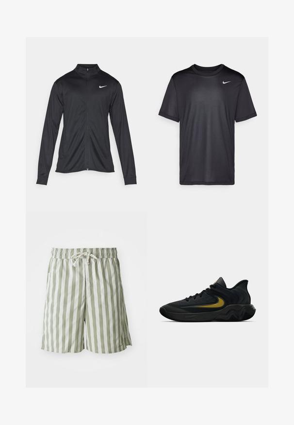 Svart idrettsjakke med lange ermer, krage og full glidelås. Har en subtil Nike-logo i hvitt på øvre venstre bryst. Glatt tekstur.; Svart idretts-t-skjorte med korte ermer, rund hals, laget av glatt stoff. Har en liten hvit Nike-logo øverst til venstre.; Grønne og hvite stripete svømmebukser laget av lett stoff, med elastisk midjebånd med snøring, og sidelommer.; Svart og mørkegrå idrettssko med svarte lisser og gull swoosh-logo, med en bølget såle design og polstret hælkollare.