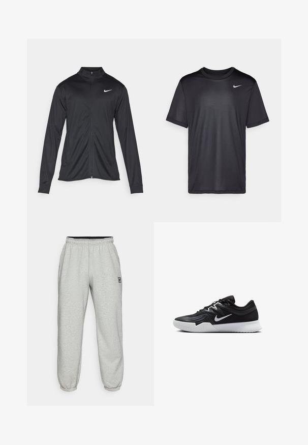 Črna atletska jakna z dolgimi rokavi, ovratnikom in polnim zadrgo. Vključuje diskreten bel Nike logotip na zgornjem levem delu prsnega koša. Gladka tekstura.; Črna športna majica s kratkimi rokavi, okroglim izrezom, narejena iz gladkega materiala. Ima majhen bel Nike logo na zgornji levi strani.; Sive trenirke z elastičnim pasom, zožanimi manšetami in majhnim črnim logotipom na levi stegn. Narejene iz mehkega, rahlo teksturiranega blaga.; Črne atletske čevlje z teksturirano zgornjico, belim Nike znakom in belim gumijastim zunanjim podplatom. Imajo vezalni dizajn in dinamično obliko.