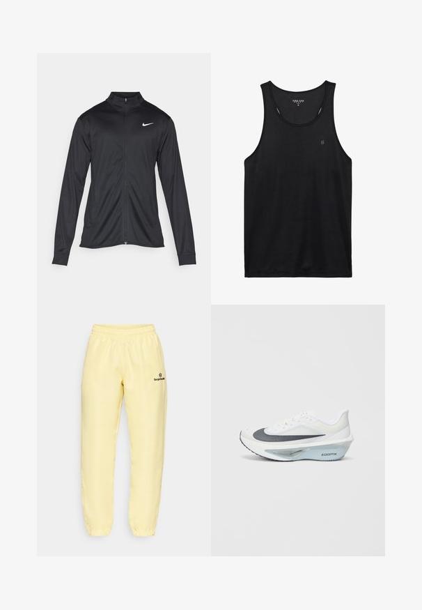 Sort atletisk jakke med lange ærmer, krave og fuld lynlås. Har et diskret Nike-logo i hvidt på den øverste venstre side af brystet. Glat tekstur.; Sort tanktop med rund halsudskæring og ærmeløs design. Fremstillet af blødt stof, har et lille logo på venstre bryst og pæne syninger.; Gule træningsbukser lavet af glat stof med elastisk talje, der har et lille sort logo på venstre ben og lynlåsåbninger ved anklerne.; Hvid atletiksko med en grå mesh-overdel, en blå ZoomX skum mellemsål og en buet ydersål for forbedret fremdrift og komfort.