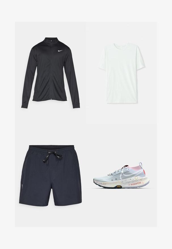 Black athletic jacket with long sleeves, collar, and full zipper. Features a subtle Nike logo in white on the upper left chest. Smooth texture.; Light mint green short-sleeve t-shirt made of soft fabric. Features a crew neckline and a simple, straight cut without embellishments.; Dark blue swim shorts with elastic waistband and drawstring. Made of lightweight material, featuring side pockets and a simple design.; Nike ZoomX running shoe in light blue with a pink and red heel. Features a perforated upper, speckled midsole, and black Vibram outsole.