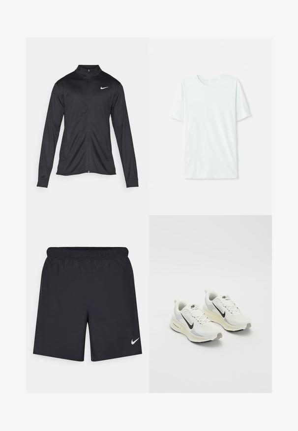 Chaqueta atlética negra con mangas largas, collar y cremallera completa. Presenta un sutil logo de Nike en blanco en la parte superior izquierda del pecho. Textura suave.; Camiseta de manga corta en verde menta claro, hecha de tela suave. Presenta un cuello redondo y un corte recto simple, sin adornos.; Pantalones cortos deportivos negros hechos de un material ligero con una cintura elástica. Presenta un pequeño logo blanco de Nike en la parte inferior izquierda.; Zapatillas de correr hechas de malla blanca transpirable con acentos gris claro. Presentan un logo de swoosh negro y una suela de goma gris claro.