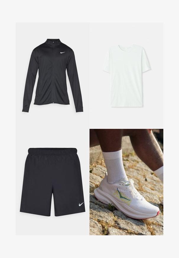 Black athletic jacket with long sleeves, collar, and full zipper. Features a subtle Nike logo in white on the upper left chest. Smooth texture.; Light mint green short-sleeve t-shirt made of soft fabric. Features a crew neckline and a simple, straight cut without embellishments.; Black athletic shorts made of lightweight material with an elastic waistband. Features a small white Nike logo on the lower left side.; HOKA MACH 6 - Road running shoes - white/nimbus cloud