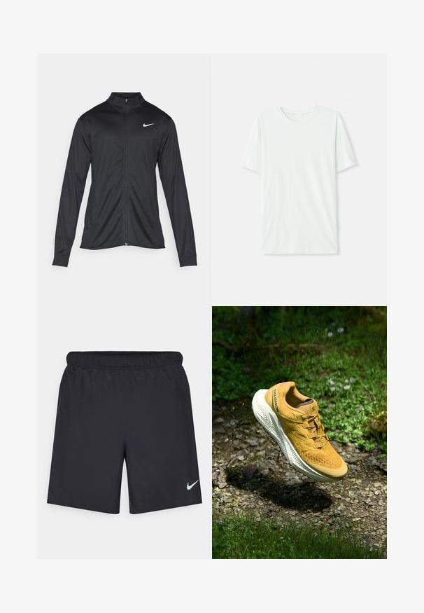Svart idrettsjakke med lange ermer, krage og full glidelås. Har en subtil Nike-logo i hvitt på øvre venstre bryst. Glatt tekstur.; Lys myntgrønn kortermet t-skjorte laget av myk stoff. Har en rund halslinning og en enkel, rett snitt uten pynt.; Svart sportskjørt laget av lett materiale med elastisk linning. Har en liten hvit Nike-logo nederst til venstre.; Gul Salomon løpesko som svever over grusvei omgitt av grønt gress og små villblomster i naturlig lys.