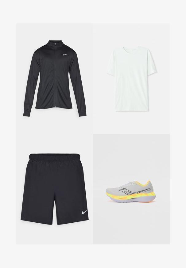Svart idrottsjacka med långa ärmar, krage och full dragkedja. Har en diskret Nike-logga i vitt på övre vänstra bröstet. Slät yta.; Ljus mintgrön t-shirt med kort ärm gjord av mjukt tyg. Har rundad halsringning och en enkel, rak passform utan utsmyckningar.; Svarta träningsshorts gjorda av lätt material med elastisk midja. Har en liten vit Nike-logotyp på nedre vänstra sidan.; Ljusgrå löparsko med nätövre, svart logotyp och färgglad gradient mellansole i gult och orange. Gummisula för bra grepp.