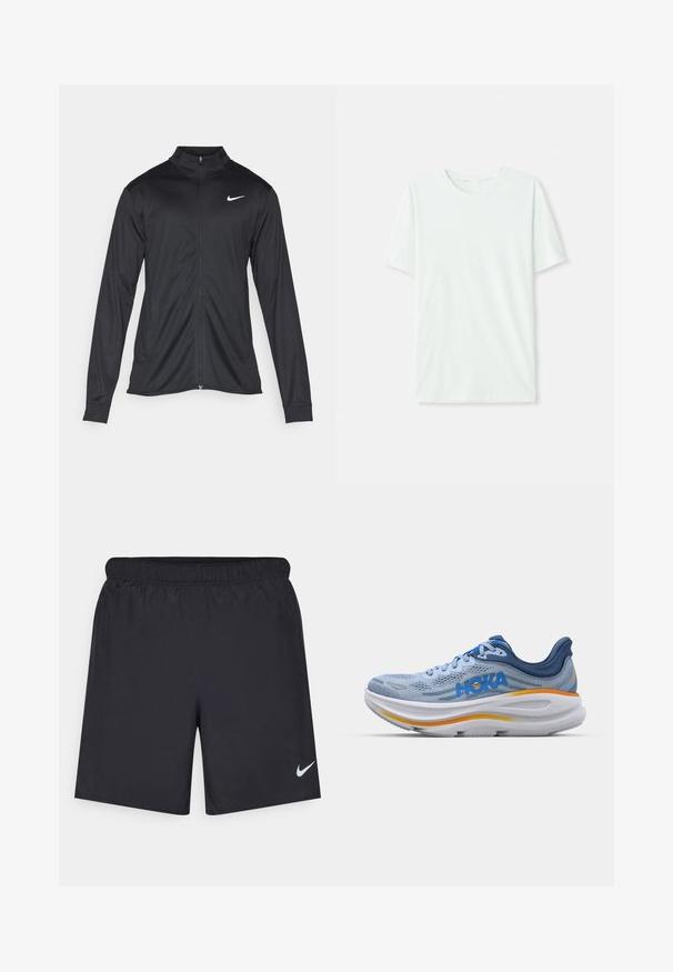 Czarna sportowa kurtka z długimi rękawami, kołnierzem i pełnym zamkiem. Posiada subtelne logo Nike w białym kolorze na lewej górnej części klatki piersiowej. Gładka tekstura.; Jasno miętowa koszulka z krótkim rękawem, wykonana z miękkiego materiału. Posiada okrągły dekolt oraz prosty krój bez zdobień.; Czarne spodenki sportowe wykonane z lekkiego materiału, z elastycznym pasem. Posiadają małe białe logo Nike na dolnej lewej stronie.; Jasnoniebieski but do biegania z siateczkową cholewką, niebieskimi detalami oraz białą, amortyzującą podeszwą środkową z pomarańczowym paskiem. Logo HOKA z boku.