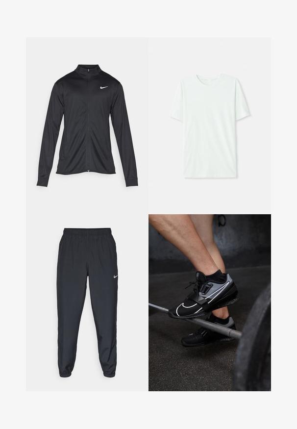 Černá sportovní bunda s dlouhými rukávy, límcem a plným zipem. Má decentní bílou logo značky Nike na horní levé části hrudi. Hladká textura.; Světle máková zelená krátkosrstá tričko vyrobené z měkké tkaniny. Má kulatý výstřih a jednoduchý, rovný střih bez ozdob.; Černé tepláky vyrobené z lehkého materiálu s elastickým pasem, manžetami na kotnících a diskrétním logem Nike na levé straně.; Černé a šedé sportovní boty s prodyšným materiálem, výrazným logem Nike, širokým popruhem a bílými akcenty, umístěné na vzpěračské tyči.