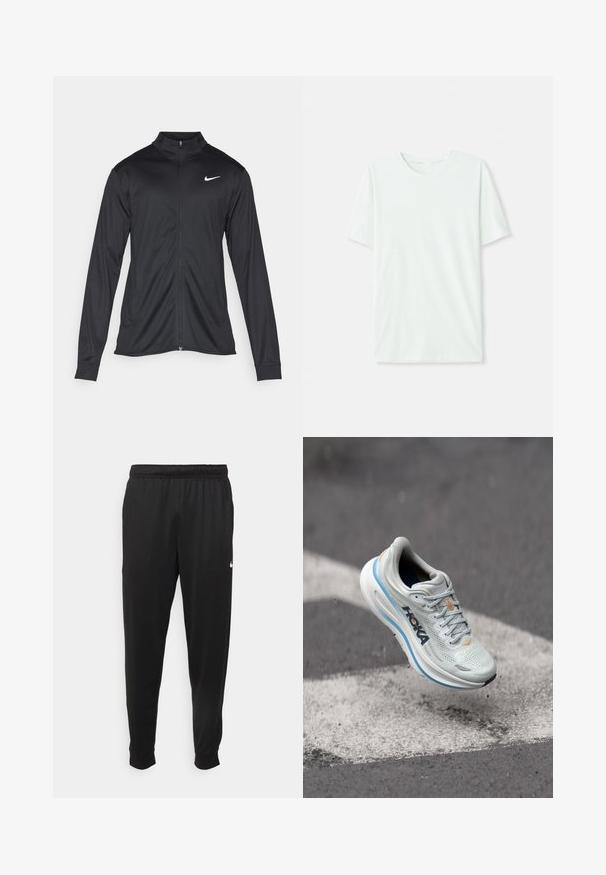Čierna športová bunda s dlhými rukávmi, golierom a plným zipsom. Obsahuje nenápadné logo Nike v bielej farbe na hornej ľavej hrudi. Hladká textúra.; Svetlo mentolová kráťacia tričko s krátkym rukávom vyrobené z jemnej látky. Má okrúhly výstrih a jednoduchý, rovný strih bez ozdôb.; Čierne športové nohavice z hladkej tkaniny, s elastickým pásom, zužujúcimi sa nohavicami a malým bielym logom na ľavej strane.; Svetlo šedá bežecká obuv s priedušným sieťovinovým zvrškom, s oranžovými akcentmi a hrubou bielou medzipodrážkou s modrým lemovaním. Ľahký dizajn.
