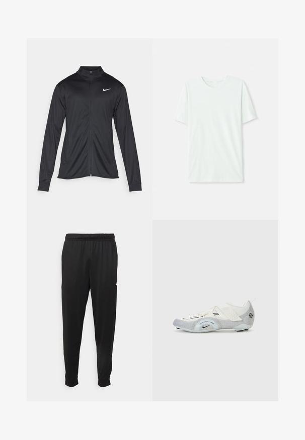 Giacca sportiva nera con maniche lunghe, colletto e zip completa. Presenta un logo Nike in bianco sulla parte superiore del lato sinistro del petto. Tessuto morbido.; T-shirt corto a maniche corte di un leggero verde menta, realizzato in tessuto morbido. Presenta un colletto a girocollo e una silhouette semplice e dritta senza decorazioni.; Pantaloni sportivi neri realizzati in tessuto liscio, con una vita elastica, gambe affusolate e un piccolo logo bianco sul lato sinistro.; Scarpe da ciclismo bianche e argentate con tomaia in mesh, dettagli testurizzati, cinturini regolabili e suola in gomma per una buona aderenza e stabilità.