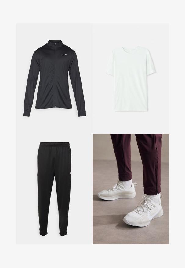 Svart idrettsjakke med lange ermer, krage og full glidelås. Har en subtil Nike-logo i hvitt på øvre venstre bryst. Glatt tekstur.; Lys myntgrønn kortermet t-skjorte laget av myk stoff. Har en rund halslinning og en enkel, rett snitt uten pynt.; Svarte treningsbukser laget av glatt stoff, med elastisk midje, smale ben og en liten hvit logo på venstre side.; Hvite joggesko med teksturert overflate, med grå detaljer, flate snører og Nike-logo, kombinert med maroon treningsbukser og hvite sokker.
