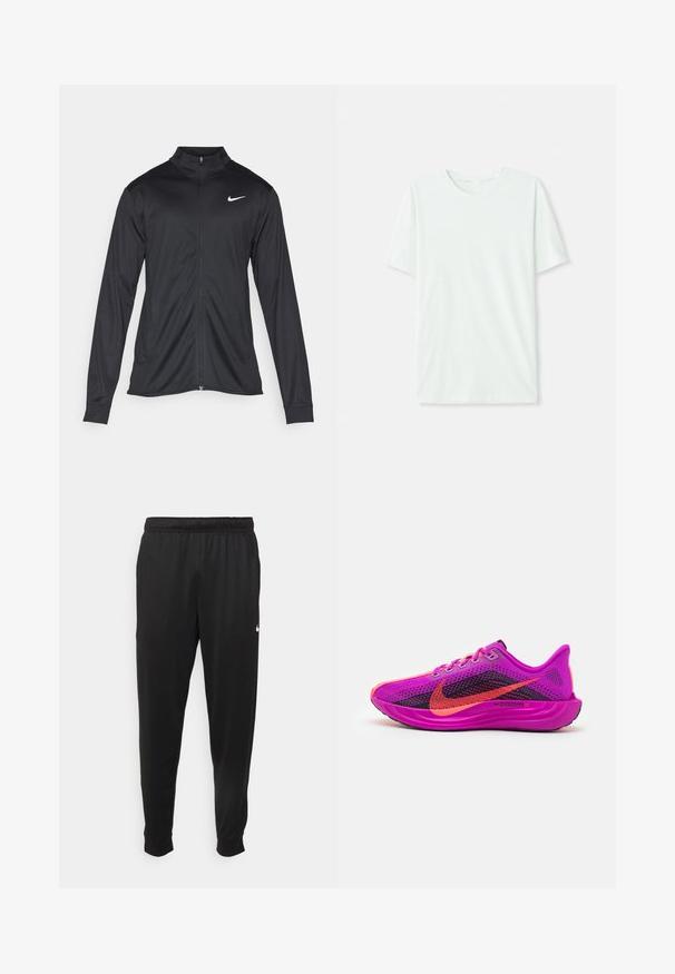 Čierna športová bunda s dlhými rukávmi, golierom a plným zipsom. Obsahuje nenápadné logo Nike v bielej farbe na hornej ľavej hrudi. Hladká textúra.; Svetlo mentolová kráťacia tričko s krátkym rukávom vyrobené z jemnej látky. Má okrúhly výstrih a jednoduchý, rovný strih bez ozdôb.; Čierne športové nohavice z hladkej tkaniny, s elastickým pásom, zužujúcimi sa nohavicami a malým bielym logom na ľavej strane.; Bežecké topánky Nike ZoomX v jasne ružovej farbe s čiernymi sieťovinovými detailmi. Obsahujú fialové akcenty, okrúhle šnúrky a textúrovanú podrážku pre lepšiu priľnavosť.