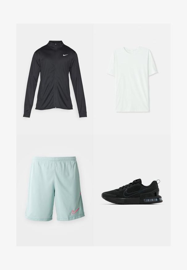 Schwarze Sportjacke mit langen Ärmeln, Kragen und voller Reißverschluss. Verfügt über ein dezentes Nike-Logo in Weiß auf der oberen linken Brust. Glatte Textur.; Helles mintgrünes T-Shirt mit kurzen Ärmeln aus weichem Stoff. Es hat einen Rundhalsausschnitt und einen schlichten, geraden Schnitt ohne Verzierungen.; Hellblaue Sportshorts mit Mesh-Struktur, mit einem pinken Nike-Logo auf der linken Seite und einem elastischen Bund.; Schwarzer Nike Sportschuh mit einem Mesh-Obermaterial, gummierter Sohle, gepolstertem Kragen und einem auffälligen transparenten Fersenakzent.