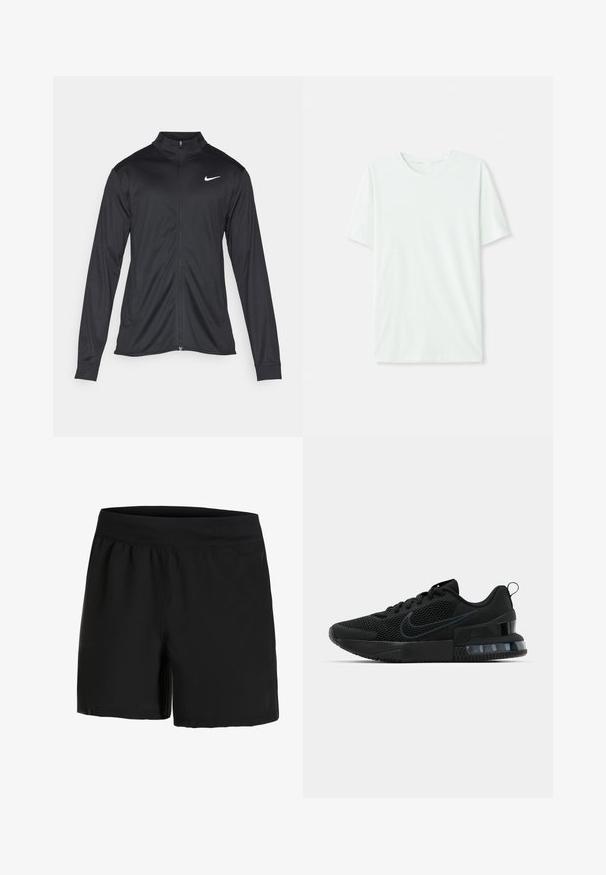 Musta urheilutakki pitkillä hihoilla, kauluksella ja kokonaisella vetoketjulla. Täydentää hienovarainen Nike-logo valkoisena vasemmassa ylärinnassa. Litteä pinta.; Vihreä mintun värinen lyhythihainen t-paita, joka on valmistettu pehmeästä kankaasta. Siinä on pyöreä kaula-aukko ja yksinkertainen, suora leikkaus ilman koristeita.; Mustat urheilushortsit, joissa on leveä, joustava vyötärö, sileä pinta ja sivutaskut. Suunniteltu mukavuuden ja liikkumisen huomioiden.; Musta Nike urheilukenkä, jossa on verkkomateriaali yläosa, kumipohja, pehmustettu nilkkaosa ja erottuva läpinäkyvä kantaaksentti.