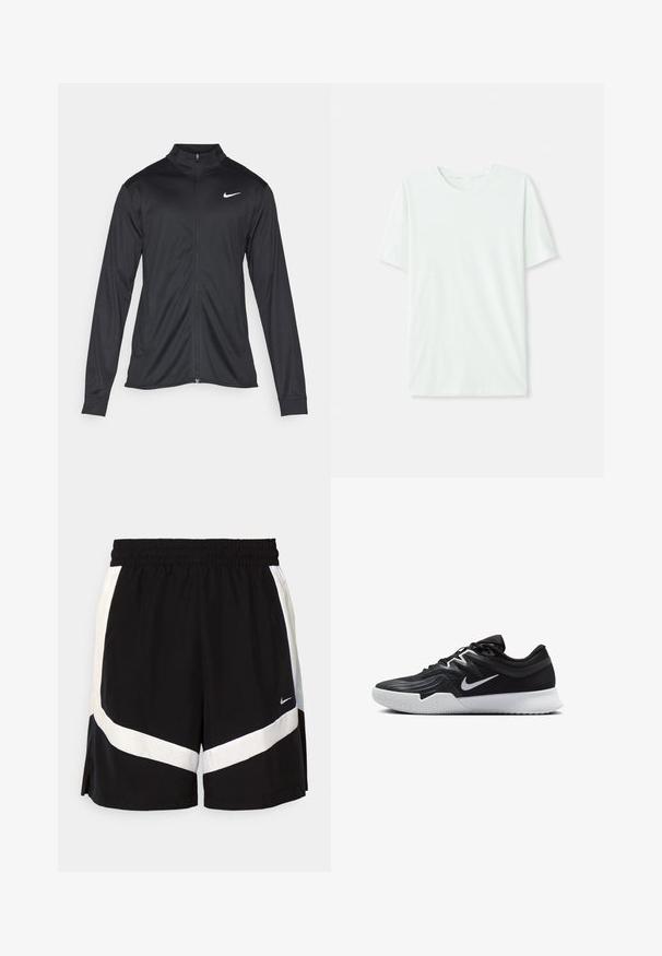 Melna sporta jaka ar garām piedurknēm, apkakli un pilnu rāvējslēdzēju. Uz kreisā krūts augšdaļas ir maigs Nike logo baltā krāsā. Gluda tekstūra.; Gai mints zaļš īsu piedurkņu T-krekls, izgatavots no mīkstas auduma. Tam ir apaļa kakla izgriezuma forma un vienkāršs, taisns griezums bez rotājumiem.; Melni sporta šorti ar elastīgu jostu, dekorēti ar baltām diagonālām svītrām un šķirtām sānu malām. Izgatavoti no viegla auduma.; Melni sporta apavi ar teksturētu virsu, balto Nike zulumu un balto gumijas zoli. Iezīmējas ar auklu pievilkšanas dizainu un dinamisku formu.