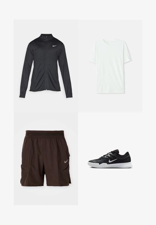 Must värvi sportlik jakk pikkade varrukatega, krae ja täispikk tõmblukk. Ülemises vasakus rinnas on diskreetne valge Nike logo. Sile tekstuur.; Heleheline mintroheline lühikeste varrukatega t-särk, mis on valmistatud pehmest kangast. Omab ümmargust kaelust ja lihtsat, sirget lõiget ilma kaunistusteta.; Tumed pruunid sportlikud lühikesed püksid, elastse vöökujuga, küljetaskudega ja peegeldava Nike logoga paremal jalal.; Must mustad jalanikesad rikaste ülaservaga, valge Nike swoosh'i ja valge kummist välispõhjaga. Omab paeltega sulgemisdetaili ja dünaamilist kuju.